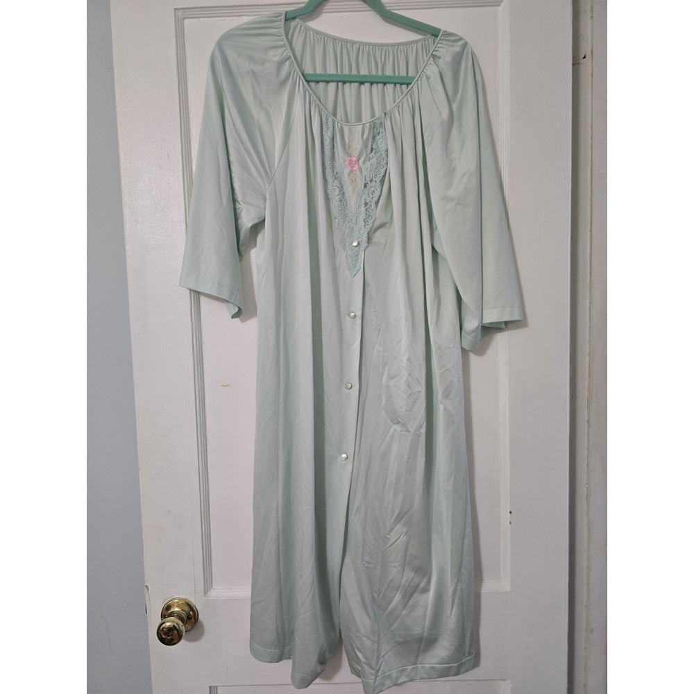 VTG Mint Green Shadowline Robe Housecoat Rosebud Lace Button‎ Up Nylon Large